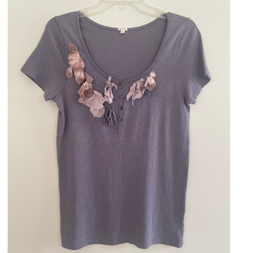 J.Crew Purple/Mauve Slub Cotton Silk Floral Applique Henley Tee‎ Shirt Medium